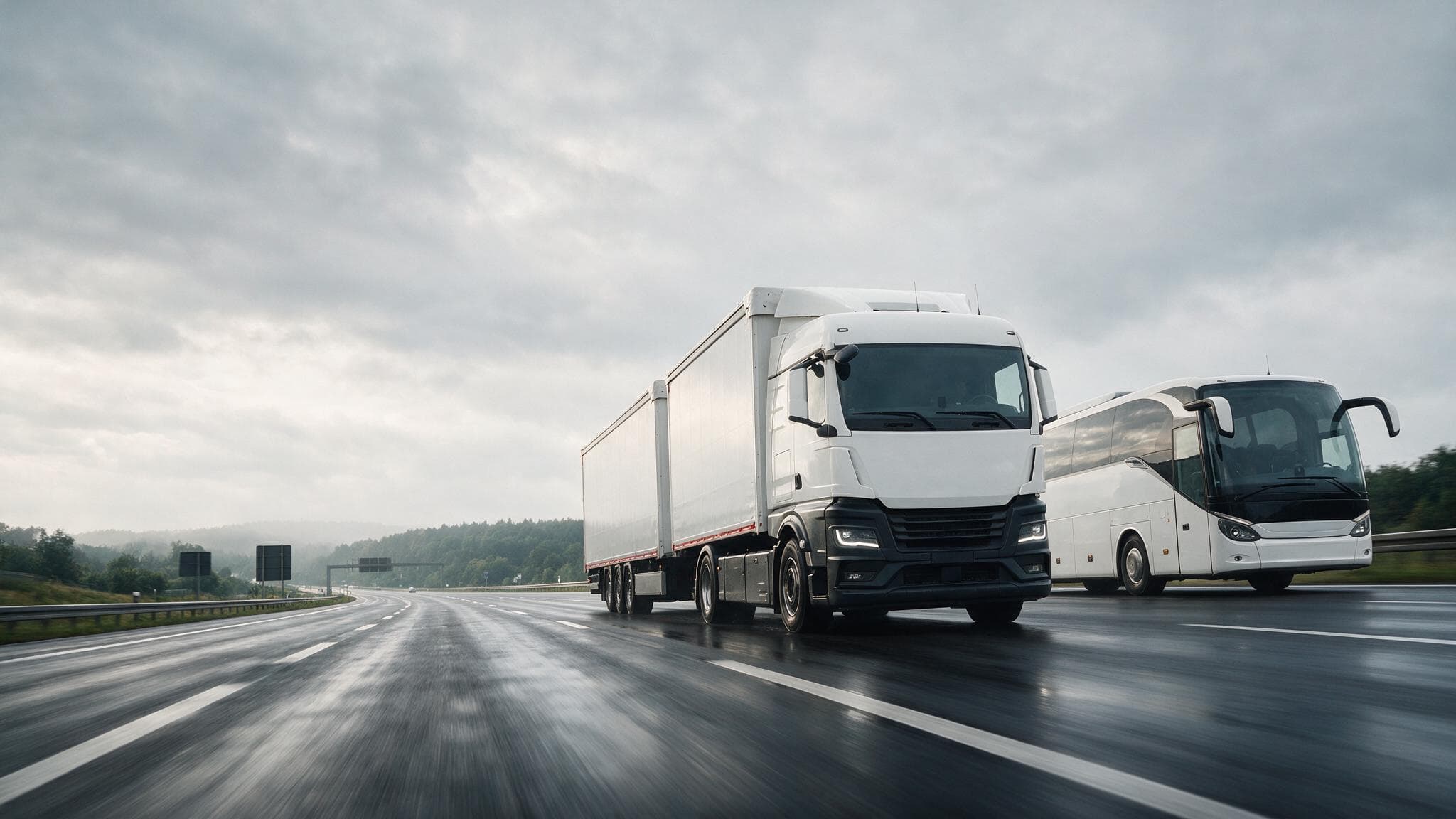 Ein LKW und ein Reisebus auf einer regennassen Autobahn